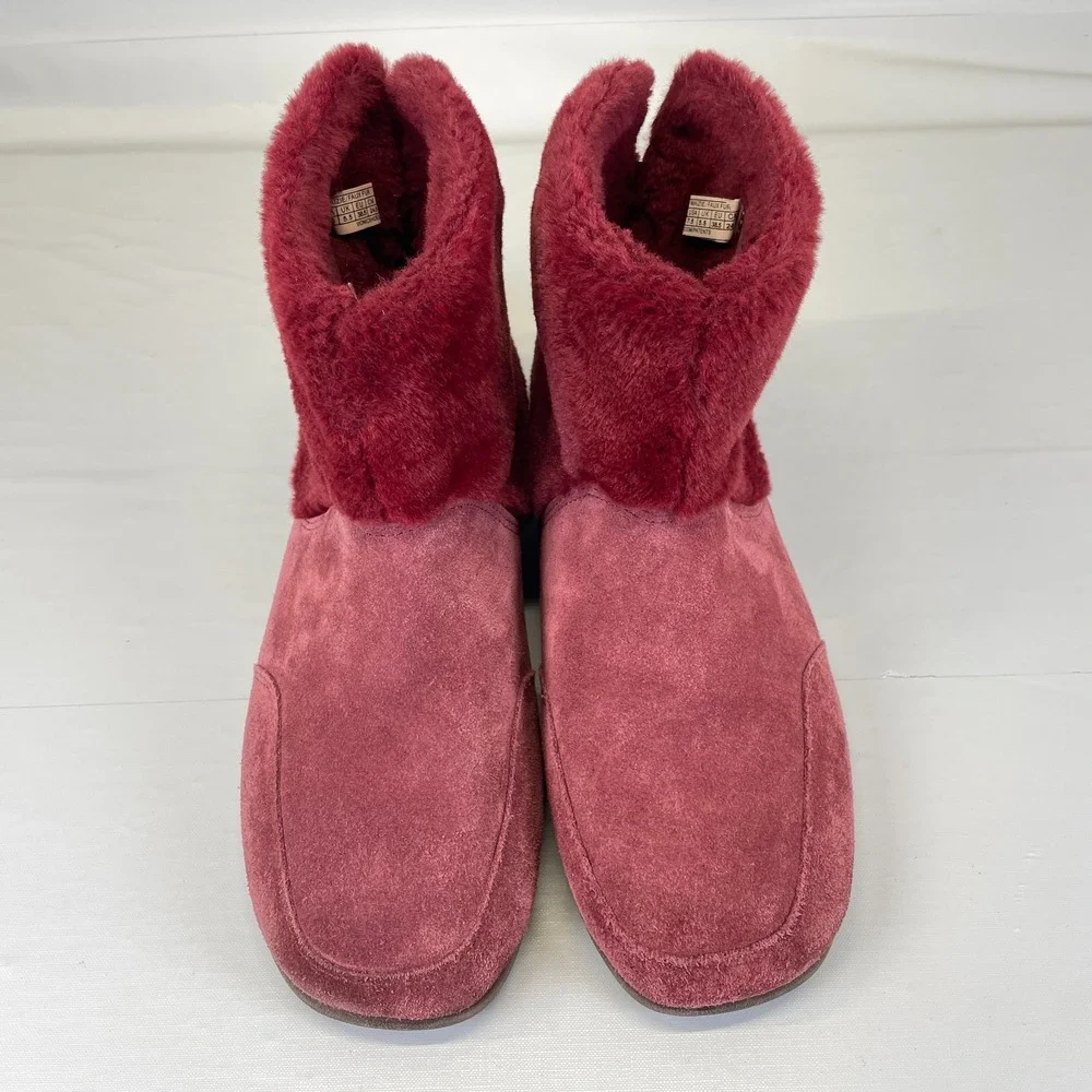 Vionic Maizie Ankle Boots Womens Size 7.5 Red Suede Faux Fur Pull On Shoes